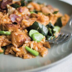 Chicken and bacon paella