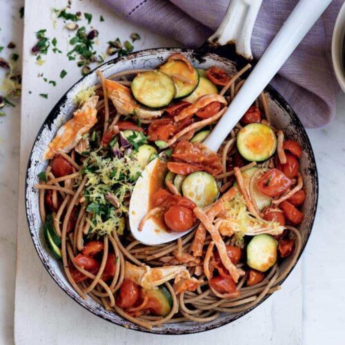Chicken and bacon spaghetti with pistachio gremolata