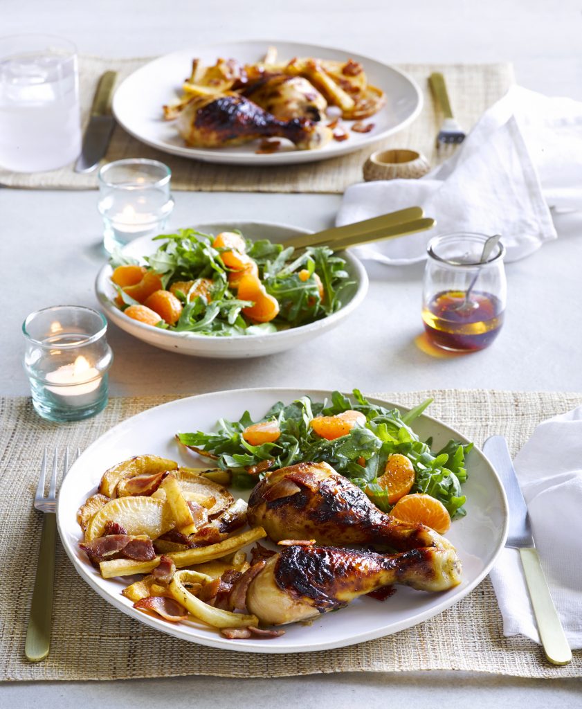 Chicken bake with sweet roasted veges and rocket and mandarin salad Chicken bake with sweet roasted veges and rocket and mandarin salad