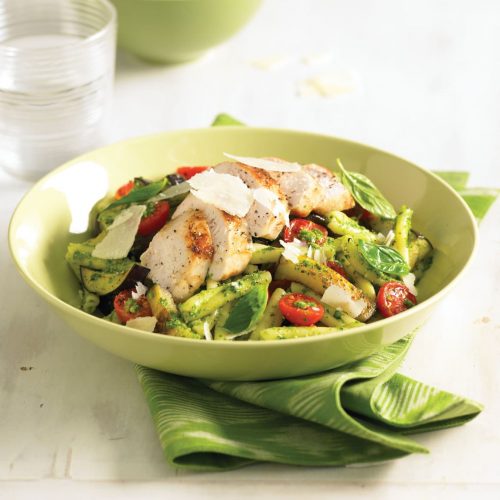 Chicken pesto pasta with tomatoes and eggplant