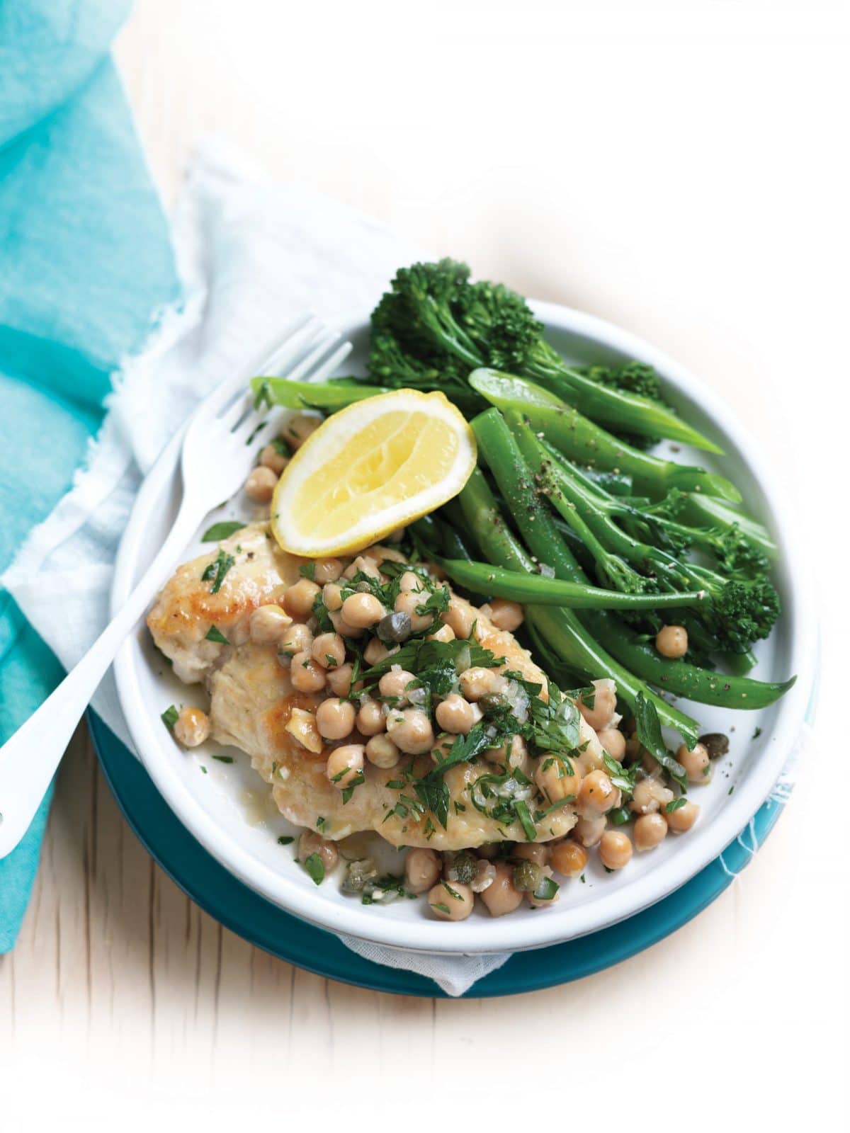 Chicken piccata with chickpeas and steamed greens