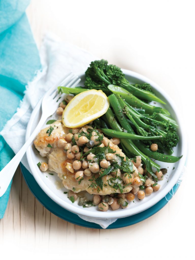 Chicken piccata with chickpeas and steamed greens