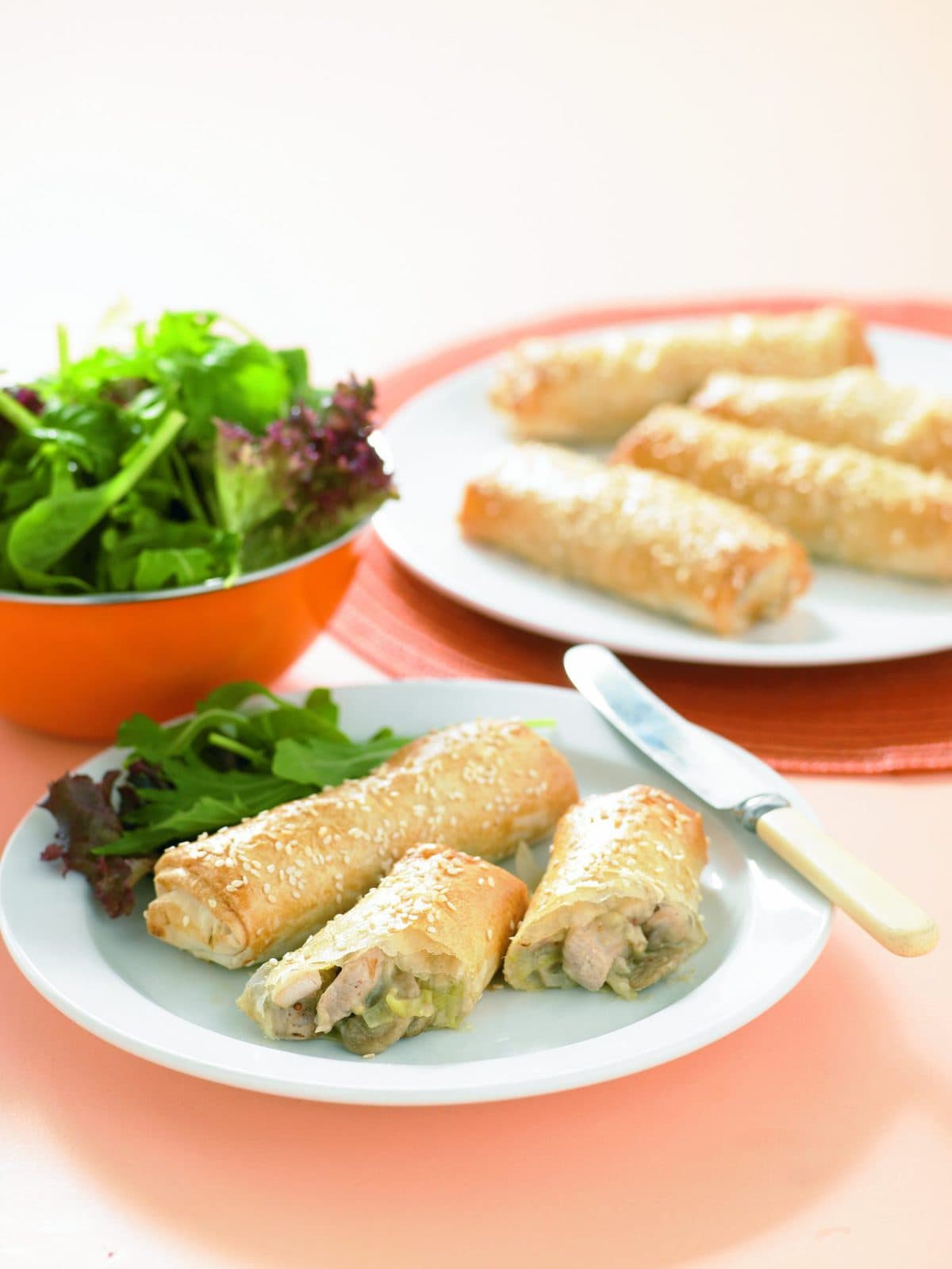 Chicken and mushroom filo rolls