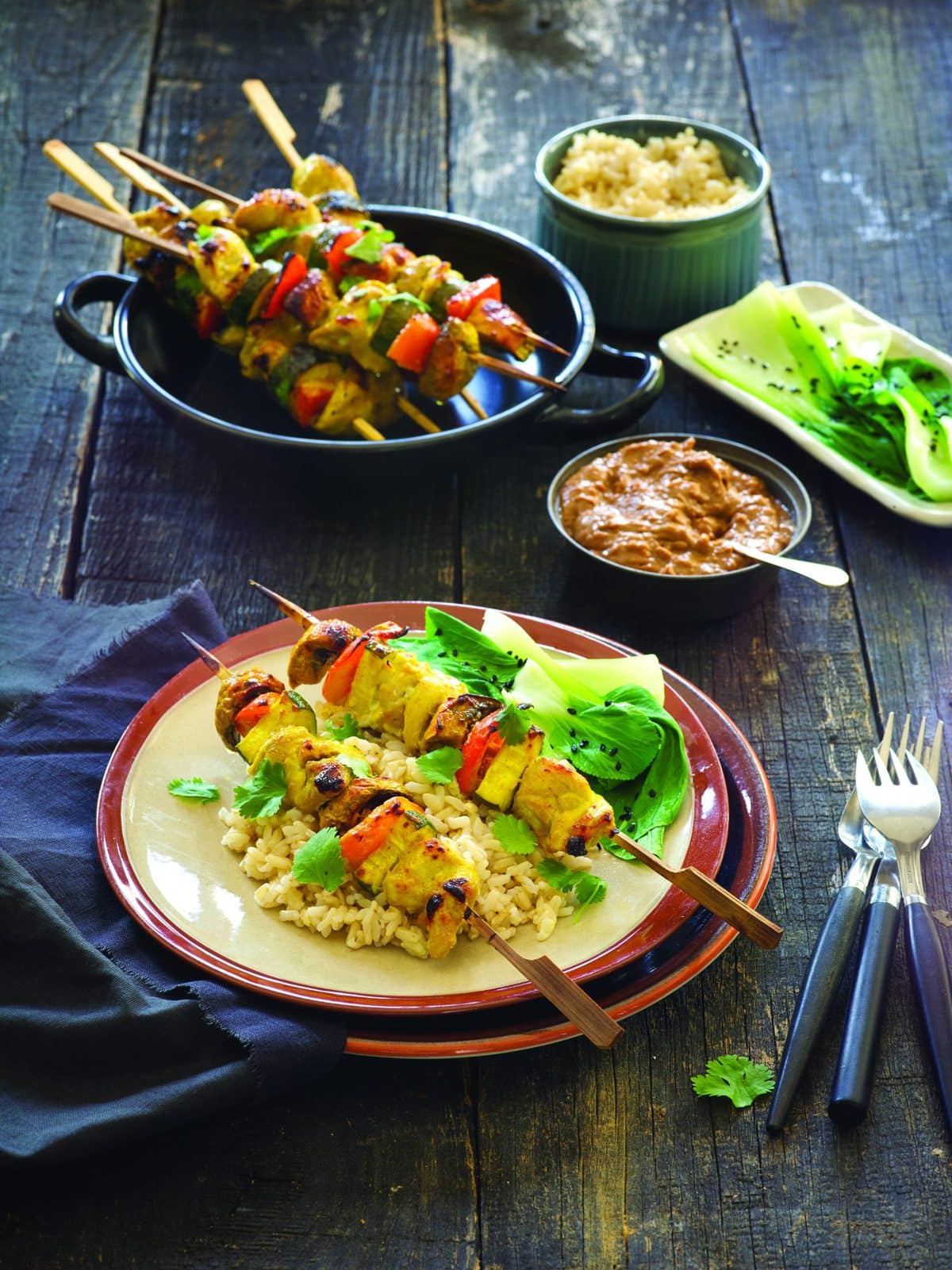 Chicken satay skewers with peanut dipping sauce