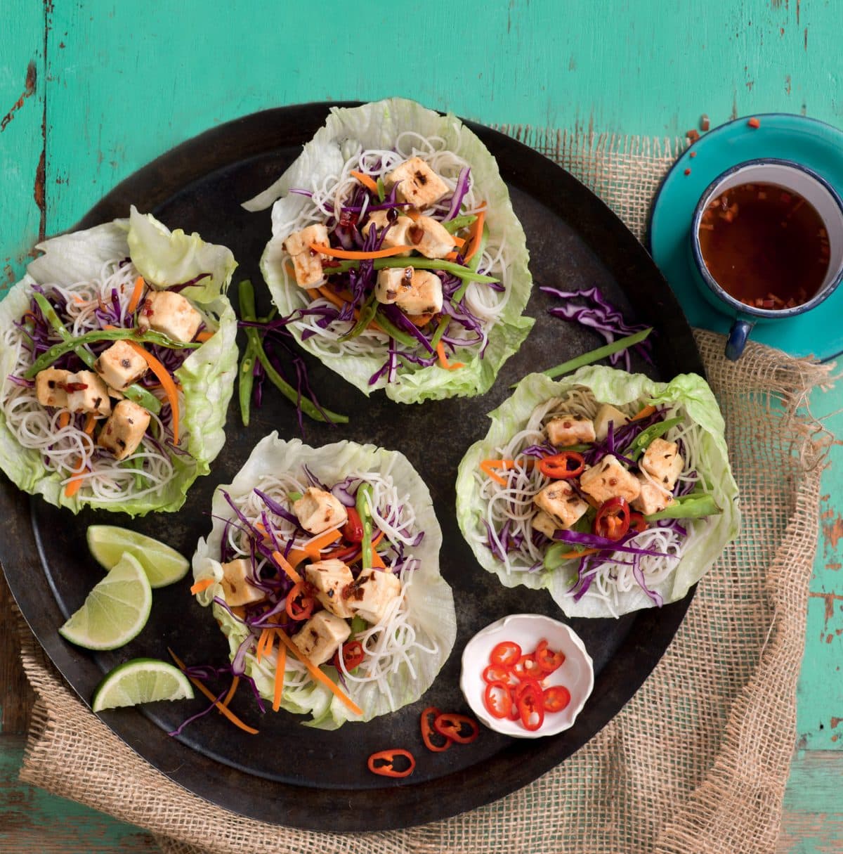 Chilli tofu and noodle lettuce wraps