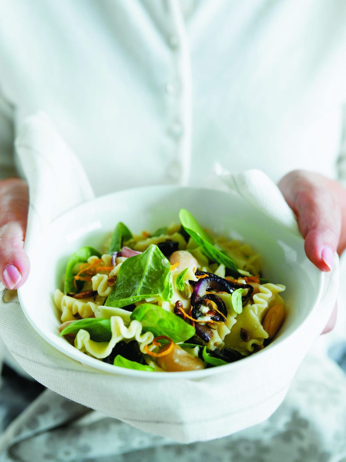 Citrus hummus pasta with butter beans and spinach