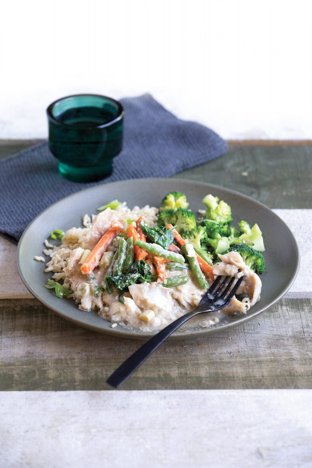 Coconut soy baked fish with veges and rice