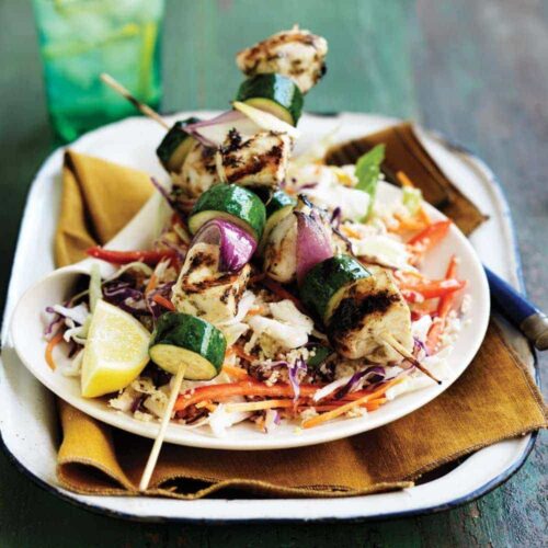 Courgette and lemon-chicken skewers with shredded vegetable couscous