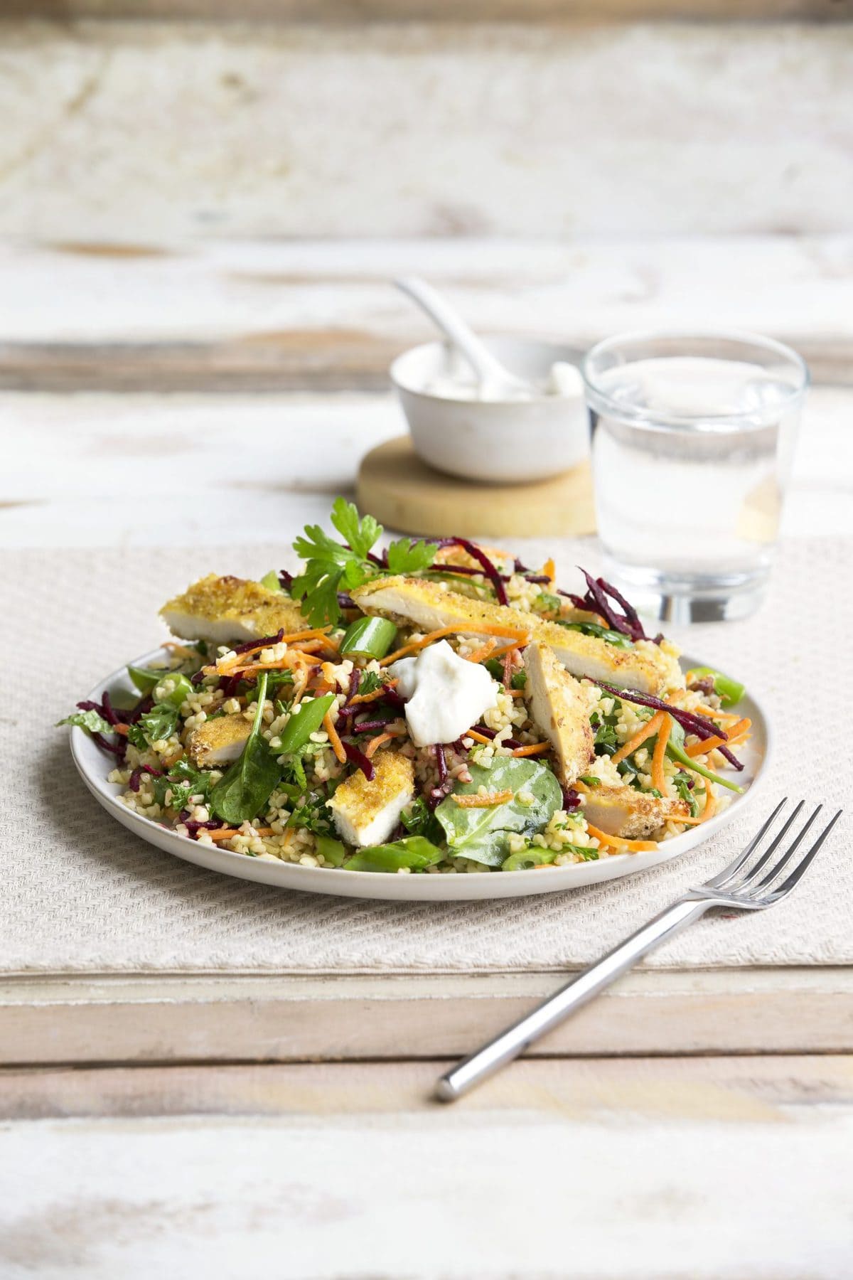 Crispy chicken with beetroot, bulgar wheat and herb salad