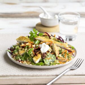 Crispy chicken with beetroot, bulgar wheat and herb salad