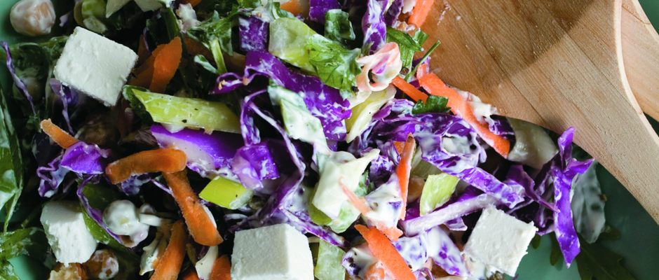 Crunchy nut slaw with feta and chickpeas