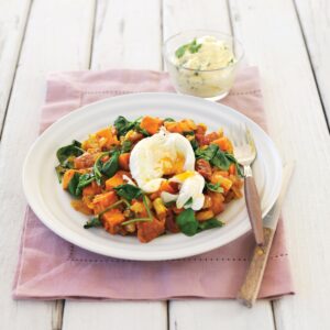 Crushed kumara, sun-dried tomatoes and spinach with poached egg