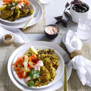 Curried vege fritters with cucumber and carrot salad and chilli yoghurt