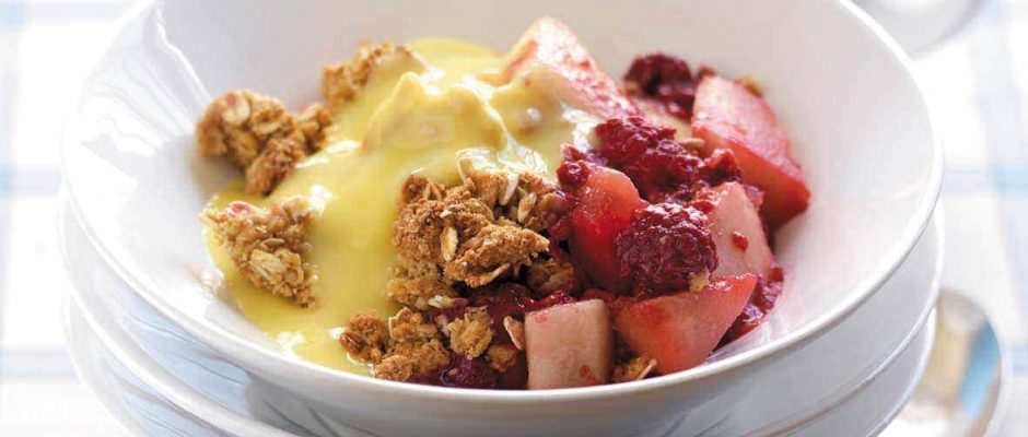 Delicious pear and raspberry crumble