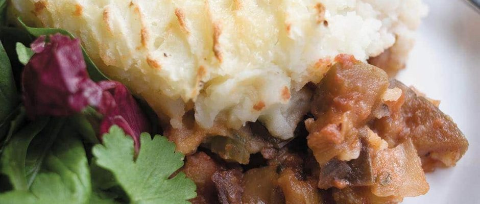 Eggplant caponata with cheesy potato topping