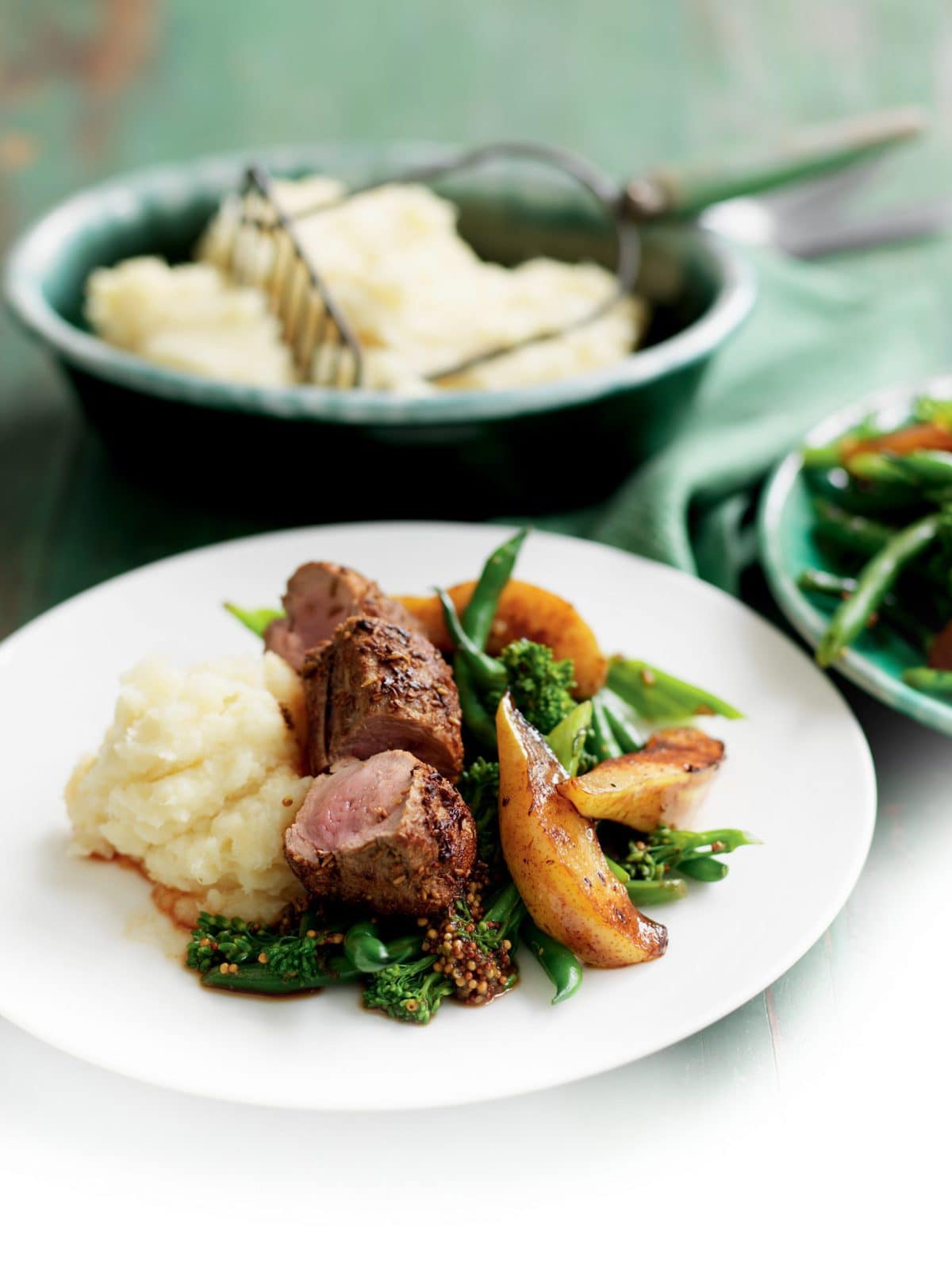 Fennel-crusted pork and roast pears with parsnip and pear mash