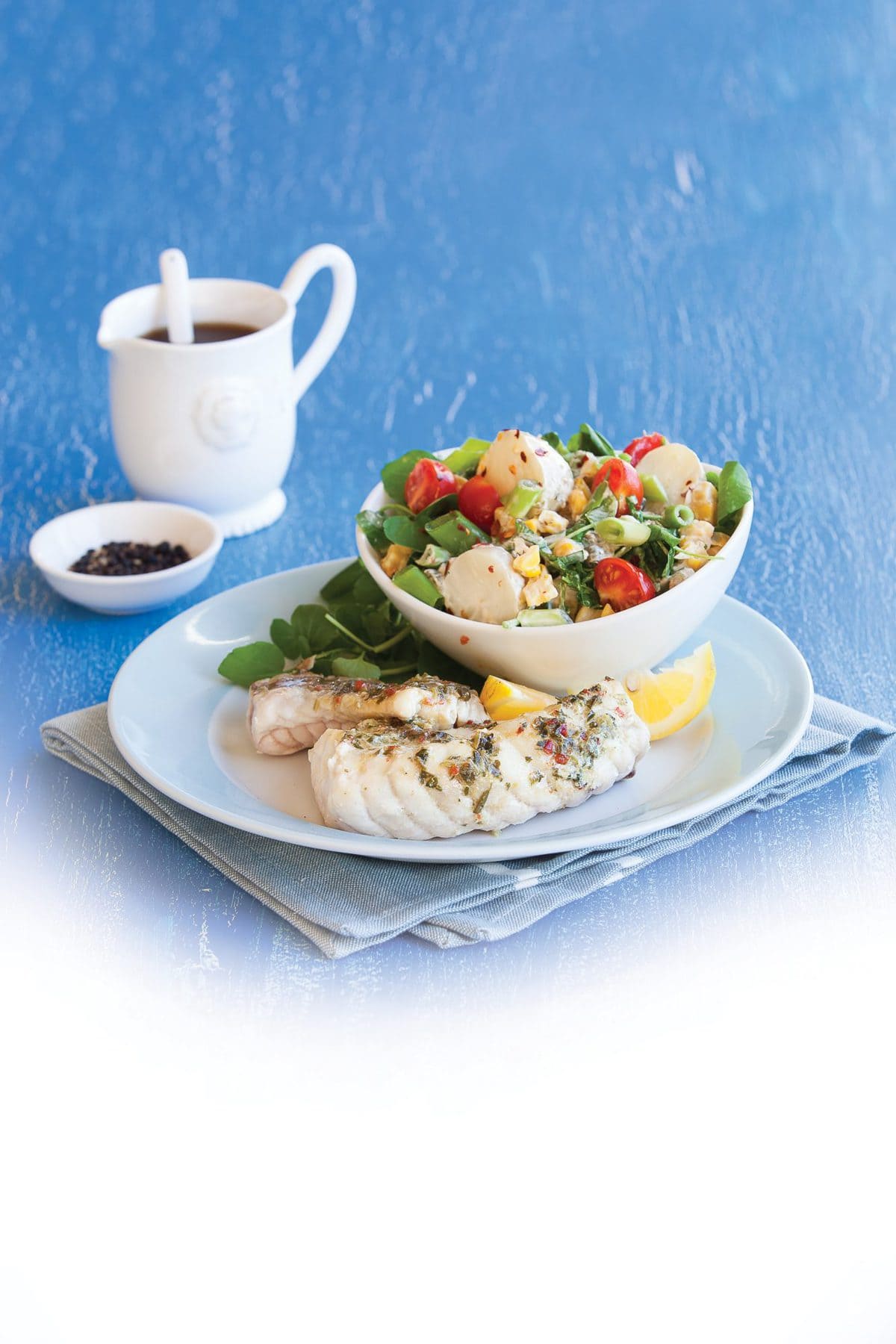Fish with watercress and potato salad
