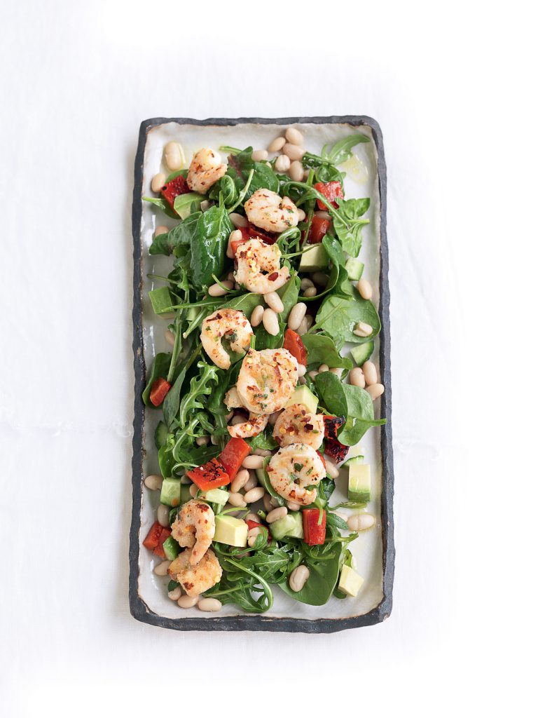 Garlic and chilli prawn salad with avocado and white beans Garlic and chilli prawn salad with avocado and white beans
