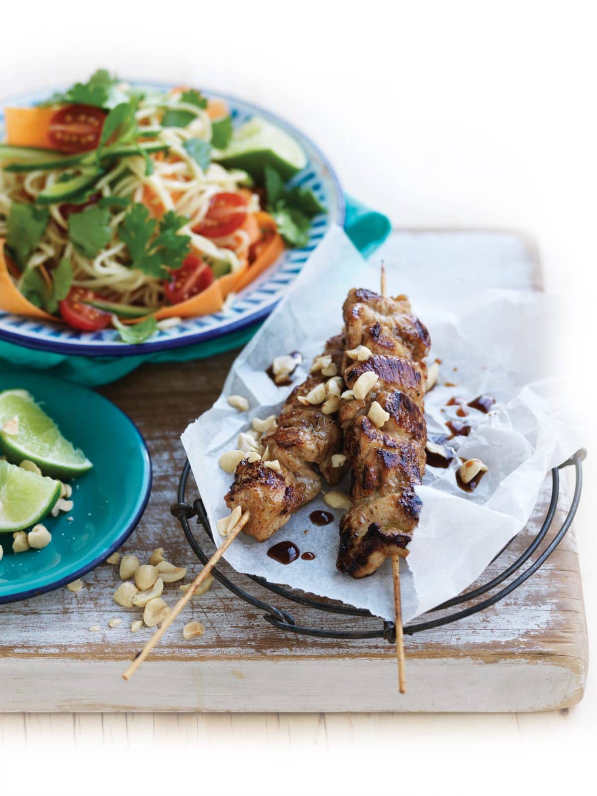 Ginger soy skewers with egg noodle salad