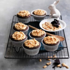 Gluten-free chocolate cupcakes with peanut butter frosting
