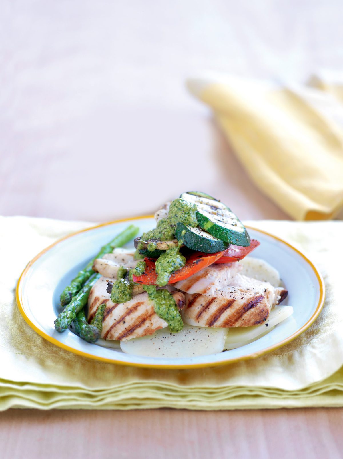 Grilled chicken with macadamia, basil and parsley pesto