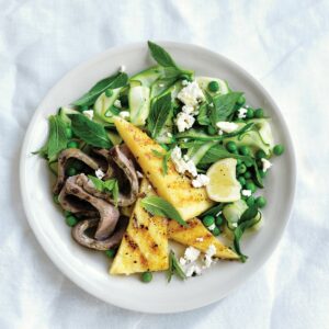Grilled lamb and polenta with mint and feta greens