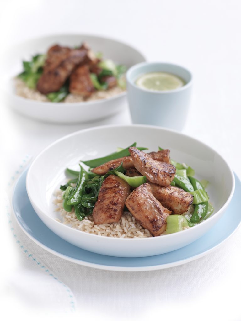 Grilled miso fish with Asian greens and rice Grilled miso fish with Asian greens and rice