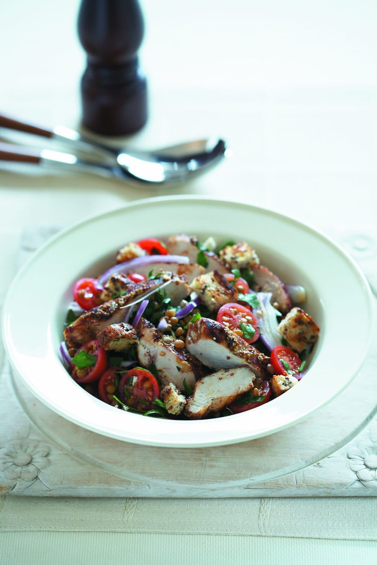 Grilled chicken with brown lentil salad