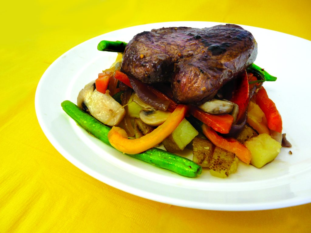 Grilled fillet with spud roasties and sautéed veges Grilled fillet with spud roasties and sautéed veges
