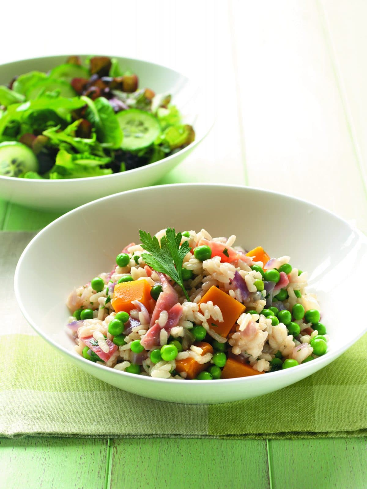 Ham, pumpkin and pea risotto