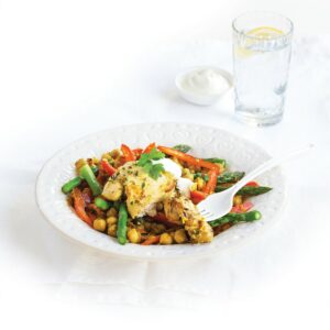 Herby chicken and chickpeas with asparagus