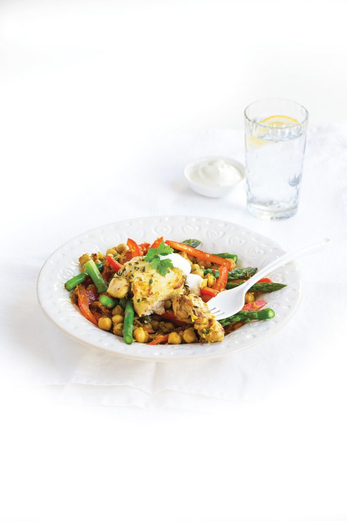 Herby chicken and chickpeas with asparagus