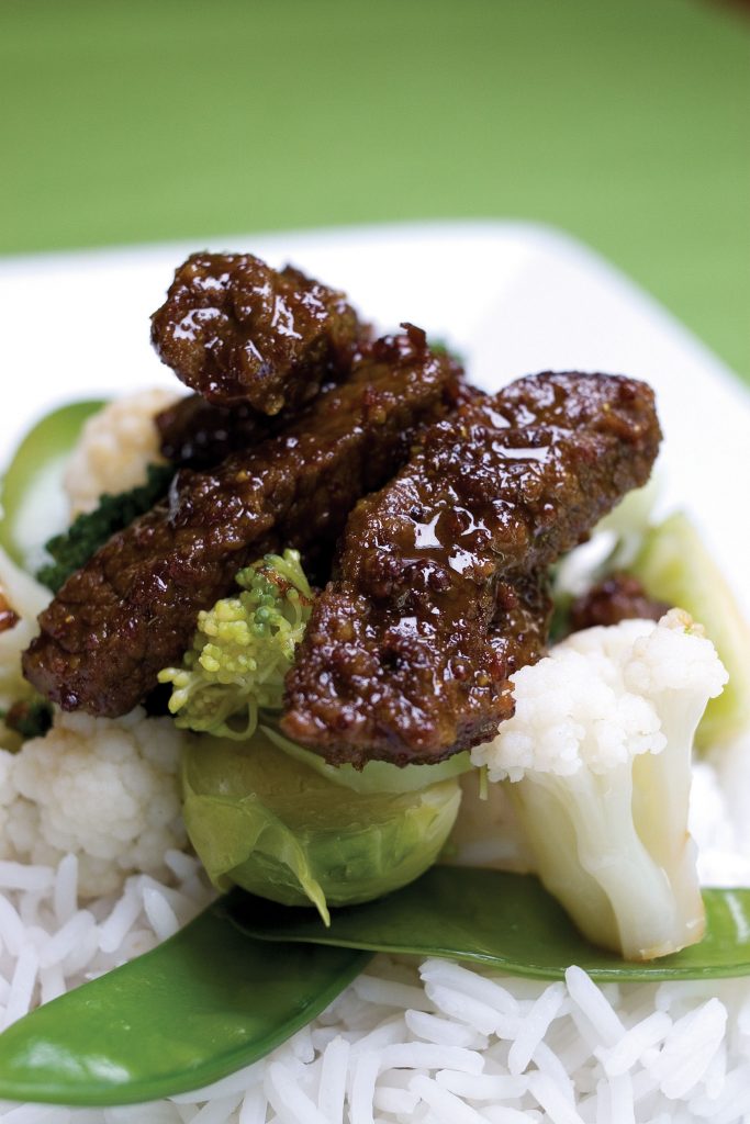 Honey mustard beef with seasonal greens