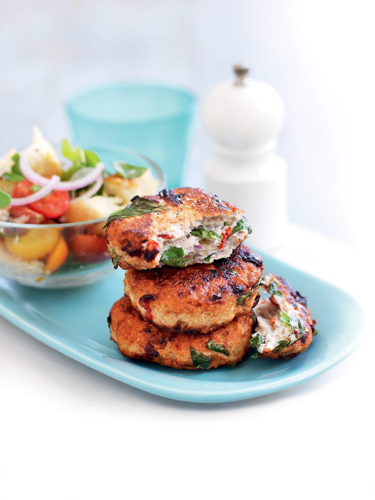 Italian-style chicken patties with torn bread salad
