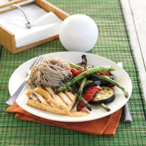 Japanese-style tofu with grilled vegetables, miso and soba noodles