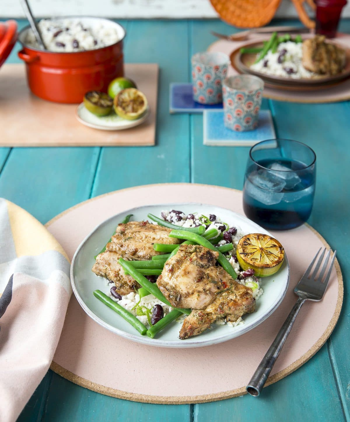 Jerk chicken on rice and beans