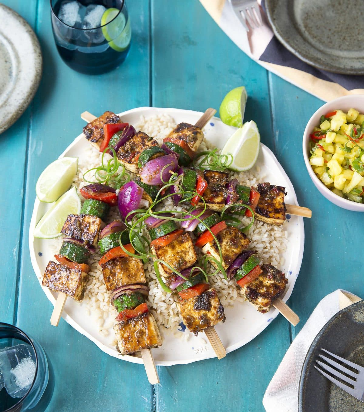 Jerk spiced tofu and vege kebabs on brown rice