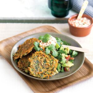 Sweet potato and zucchini fritters with avocado salsa