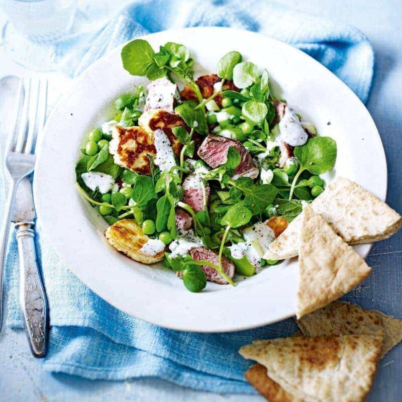 Lamb, haloumi and pea salad with yoghurt dressing
