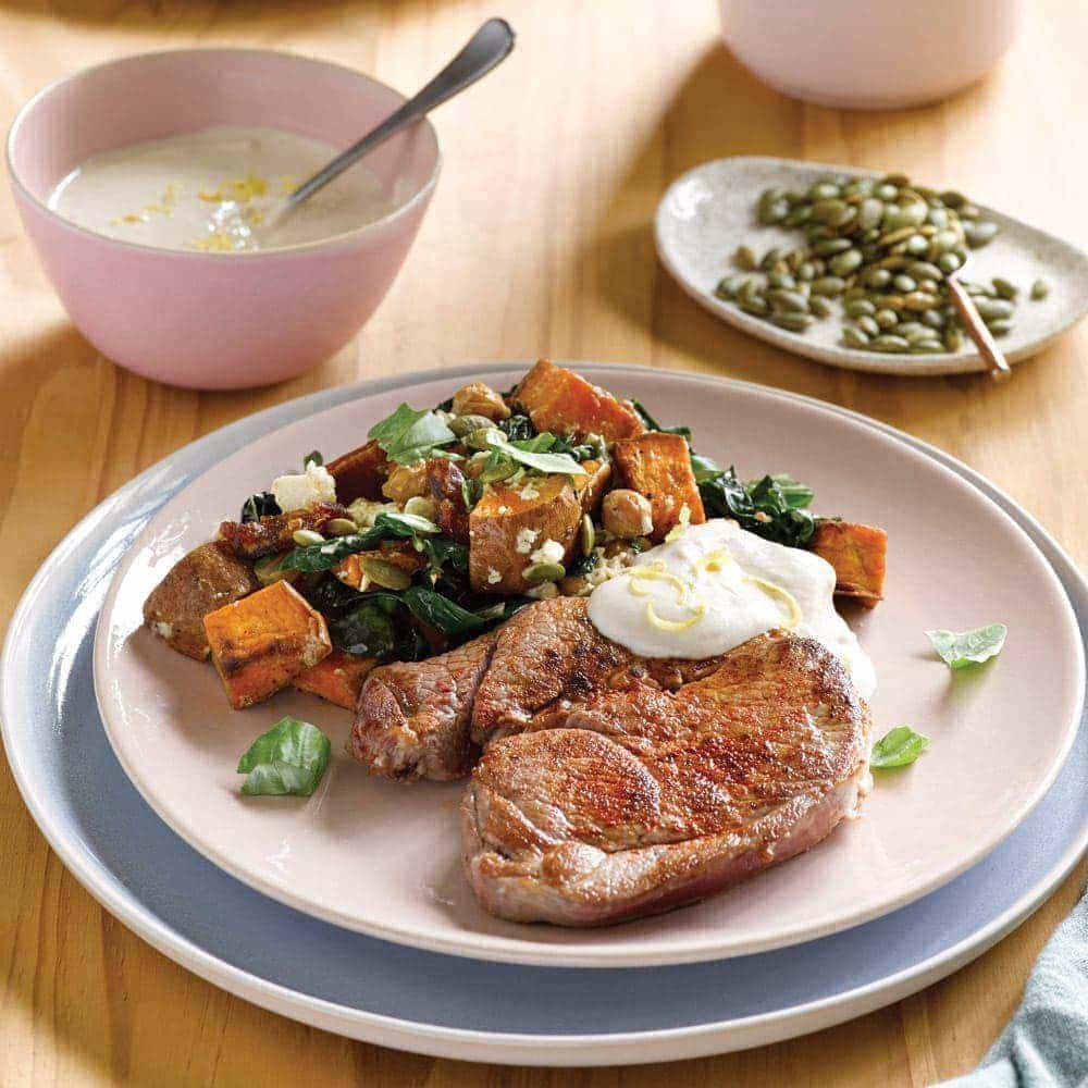 Lamb with chickpea, date and feta salad and tahini yoghurt Lamb with chickpea, date and feta salad and tahini yoghurt
