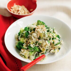 Lemon, pea and broccoli pilaf