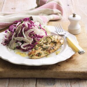 Lemon and rosemary chicken with fennel cabbage slaw