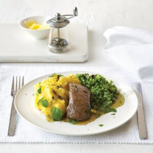 Mint-glazed lamb with soft polenta and green vege mash