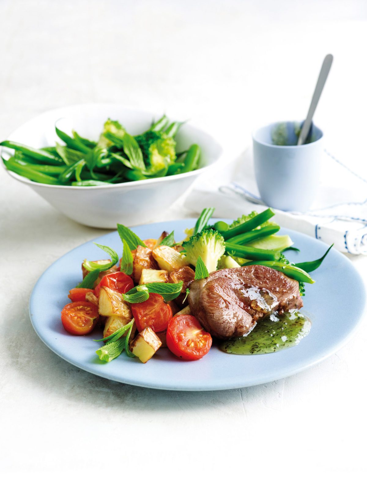 Minted lamb with roasted garlic potatoes