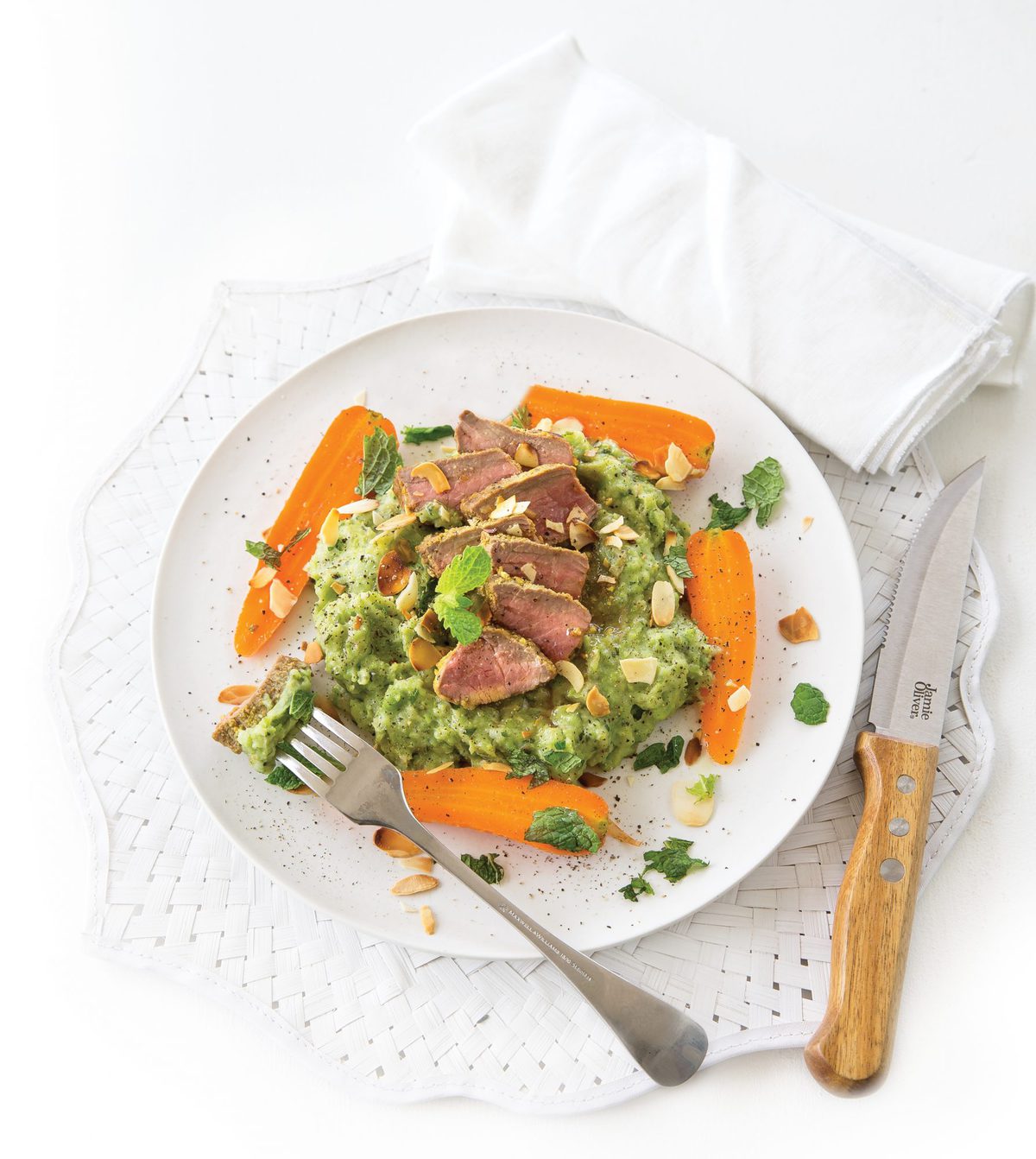 Moroccan lamb medallions with mint pea mash