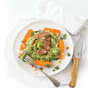 Moroccan lamb medallions with mint pea mash