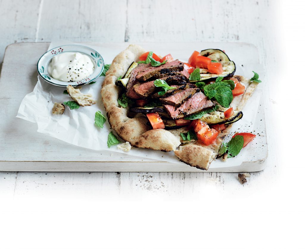 Moroccan-spiced steak with eggplant and tomato salad