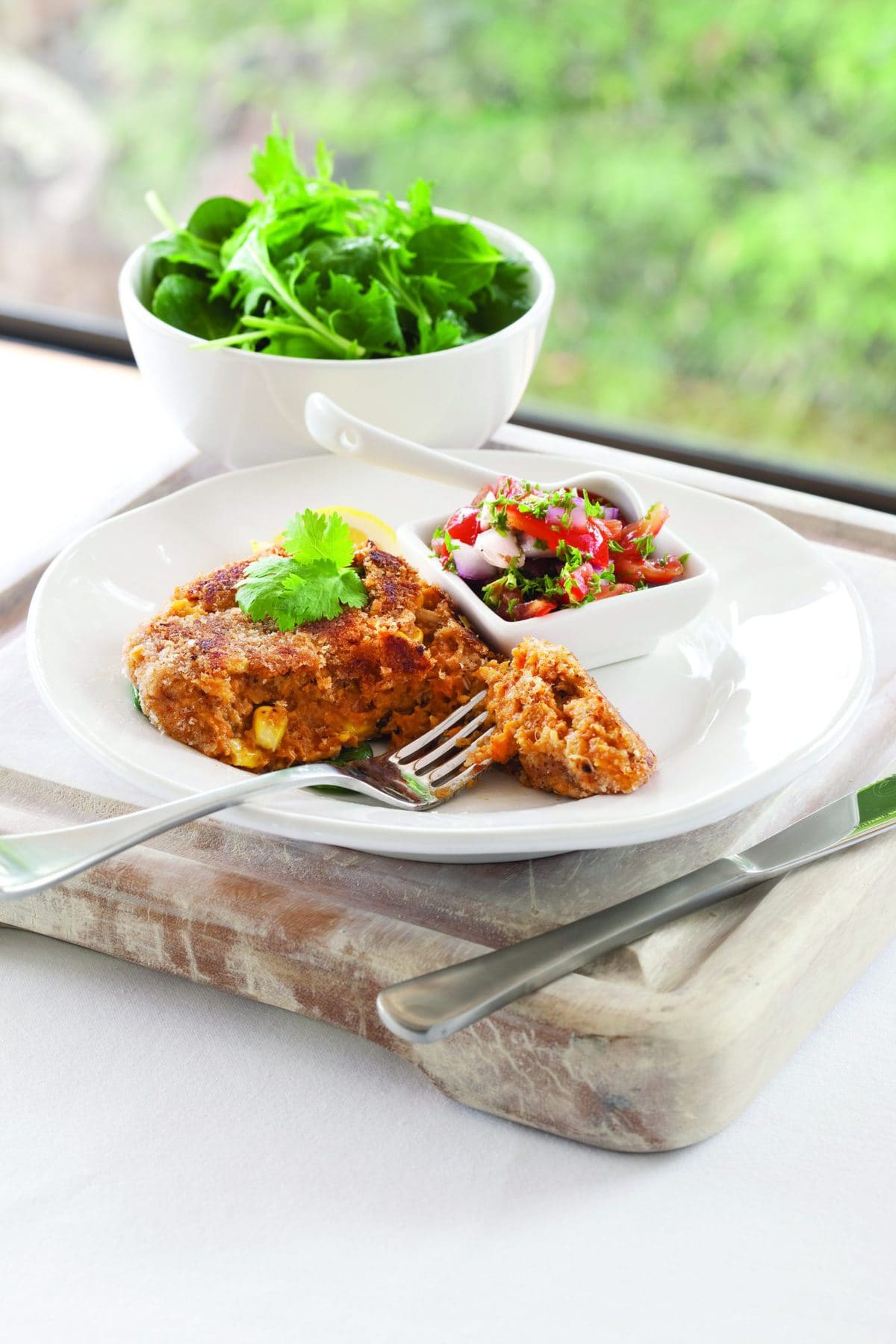 Mussel, kumara and corn cakes