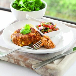 Mussel, kumara and corn cakes
