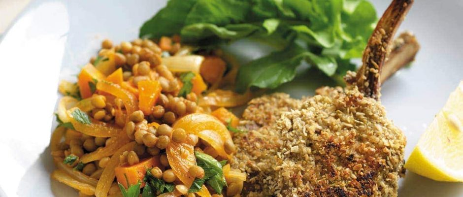 Oat-crusted lamb cutlets with spiced lentils